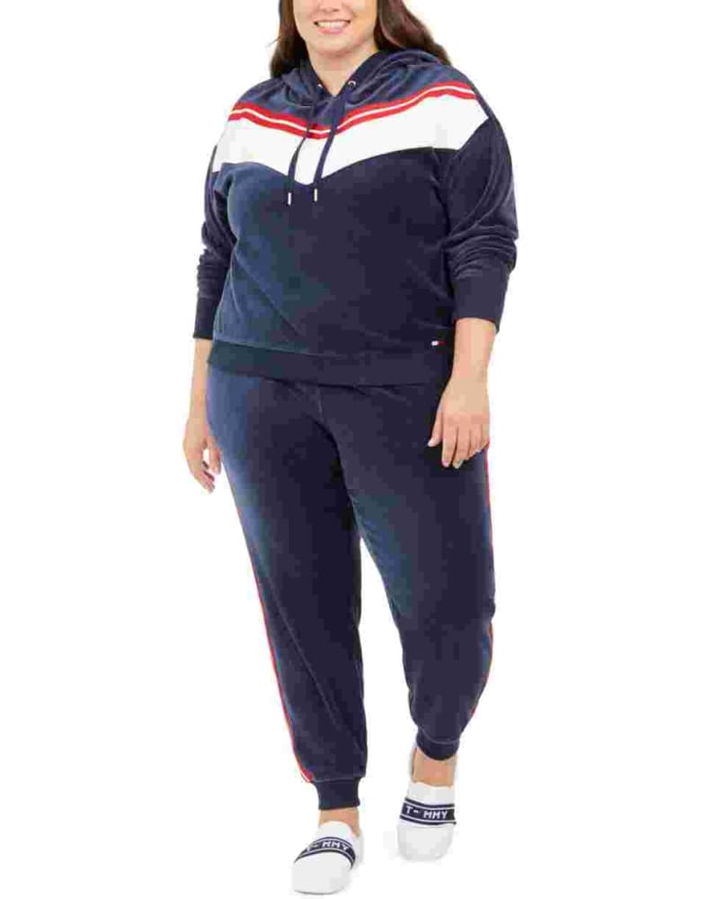 Front of a model wearing a size 1X Tommy Hilfiger Sport Women's Plus Chevron Velour Hooded Sweatshirt Blue Size 1X in Blue by Tommy Hilfiger. | dia_product_style_image_id:313703